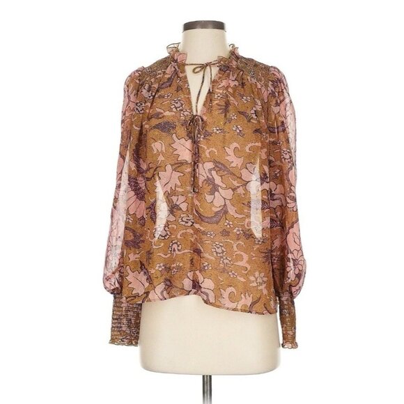 Anthropologie OPT Metallic Boho Peasant Top Small Olive Green Pink Floral - Picture 1 of 7